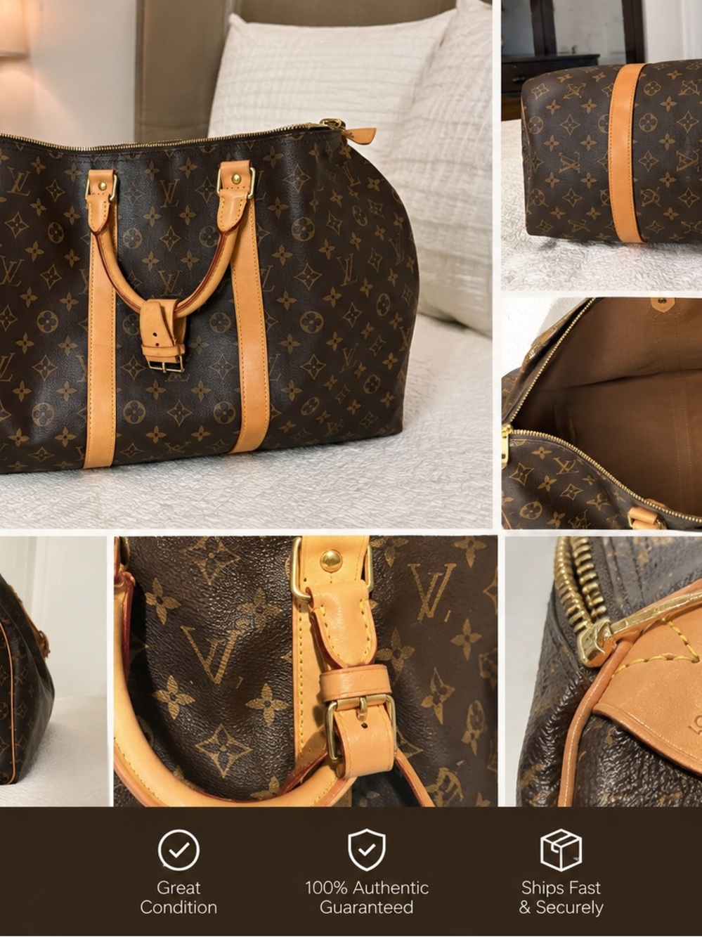 Louis Vuitton Monogram Canvas Travel Duffel with Tan Leather Trim